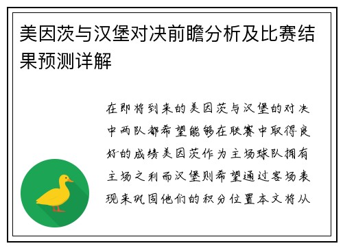 美因茨与汉堡对决前瞻分析及比赛结果预测详解